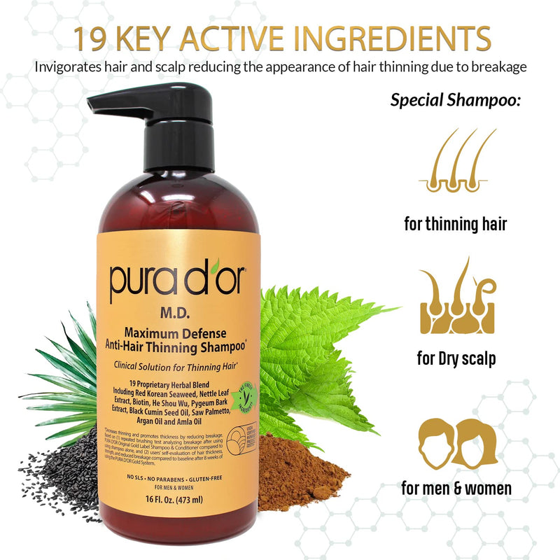 [Australia] - PURA D’OR MD Anti-Hair Thinning Shampoo w/ 0.5% Coal Tar, Biotin Shampoo (16oz) 19+ DHT Herbal Blend for Dry & Itchy Scalp, No Sulfates, For Men & Women (Packaging Varies) 