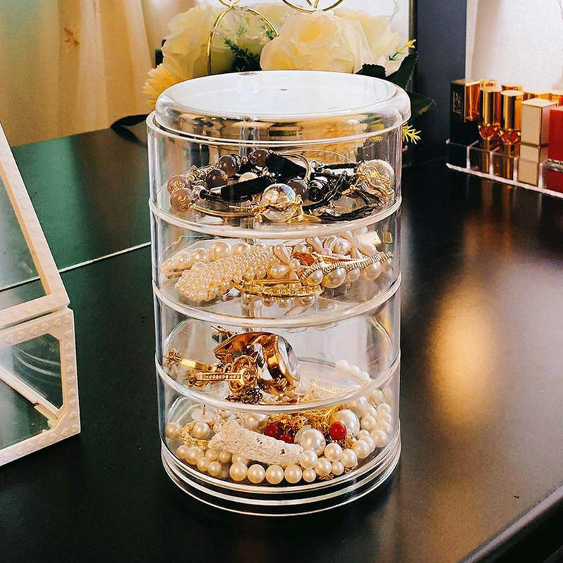 [Australia] - Jewelry Organizer Case 4 Layers Round Rotating Jewelry Storage Box Necklace Bracelet Ring Earring Display Tray Holder for Small Objects (Transparent) 