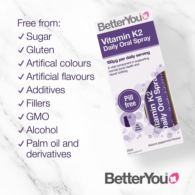 [Australia] - BetterYou Vitamin K2 Daily Oral Spray | Supports Normal Bone Health and Blood Clotting | 25ml (160 sprays) | Palm Oil Free | Natural Peppermint Flavour Single 