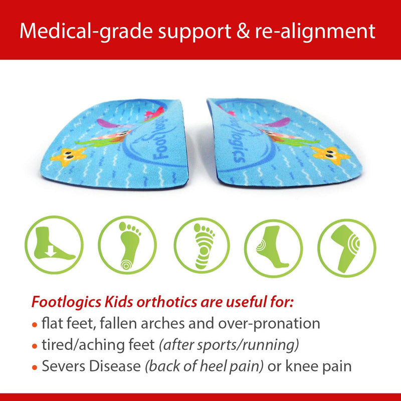 [Australia] - Footlogics Fun Kids Orthotic Shoe Insoles with Arch Support for Children’s Heel Pain (Sever’s Disease), Growing Pains, Flat Feet - Children’s, Pair 3/4 Length (Kids 1-3, Blue) Kids 1-3 3/4 Length - Blue 