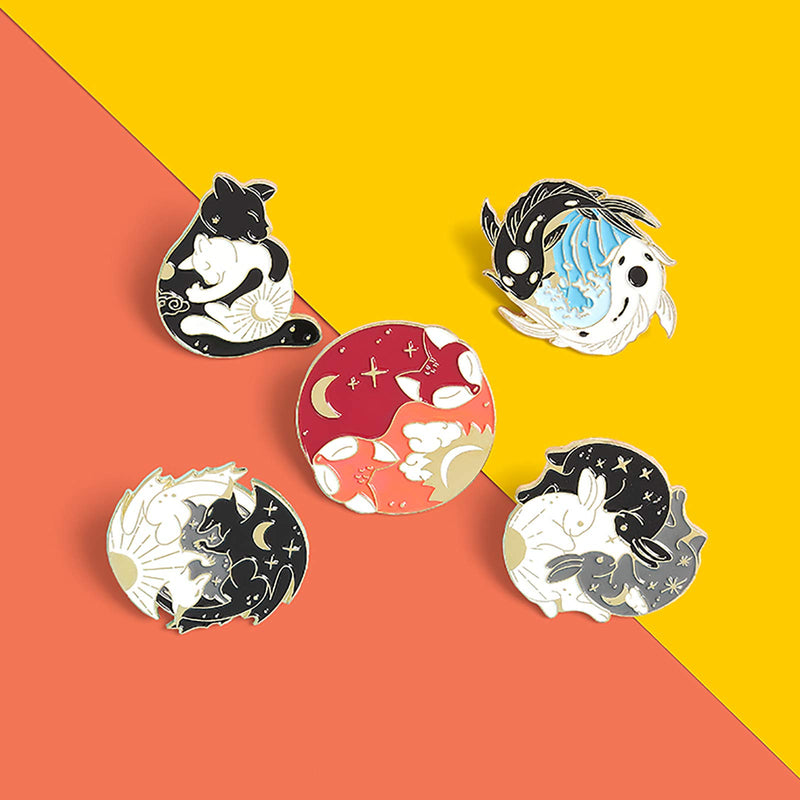 [Australia] - Cartoon Yin Yang Enamel Pins Sets -Cute Cat Brooch Pins for Women Men Lovely Hugging Circle Rabbits Fish Fox Dinosaur Lapel Pins Badges Accessories Gifts 