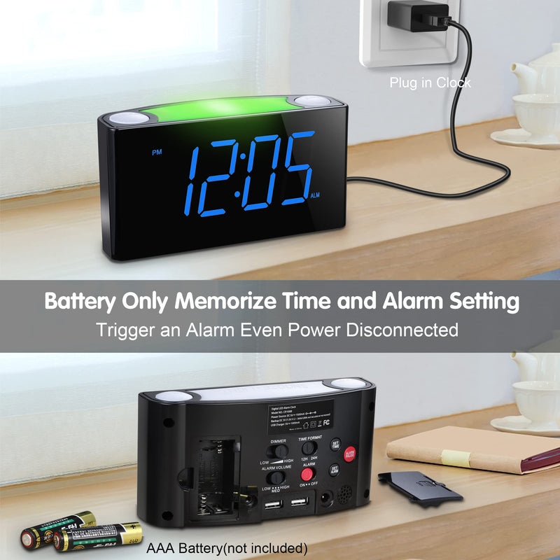 [Australia] - Digital Alarm Clock for Bedroom - 7 Color Night Light,2 USB Chargers,7.5" Large Number Screen & Slider Dimmer,12/24 H,Battery Backup,Easy Loud Electric Alarm Clock for Heavy Sleeper,Boy&Girl Kids Teen Blue Digits 