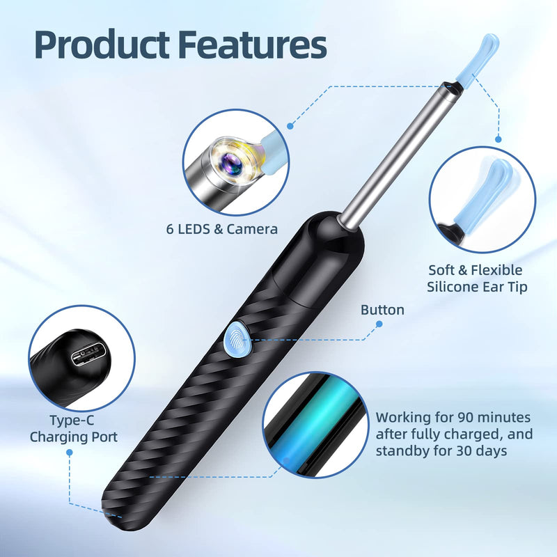[Australia] - Ear Wax Removal, Ear Cleaner with Camera, Ear Wax Removal Tool Camera with 1080P, Otoscope with Light, Ear Wax Removal Kit with 6 Ear Pick, Ear Camera for iPhone, iPad, Android Phones Black 