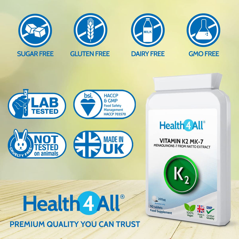 [Australia] - Vitamin K2 MK7 200mcg 180 Tablets (V) Natural MK-7 from natto Fermentation. Vegan High Strength Tablets (not Capsules). Made in The UK by Health4All 180 Count (Pack of 1) 