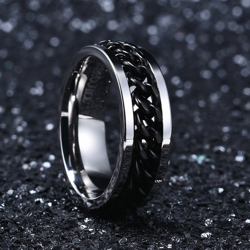 [Australia] - King Will Black/Blue Stainless Steel 8mm Rings For Men Center Chain Spinner Ring, Size 7-14 6 