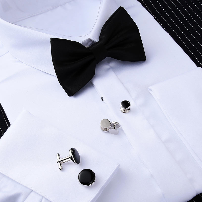 [Australia] - Aienid 2pcs Cufflinks and 8pcs Cuff Studs Set for Men Stainless Steel Tuxedo Shirts Business Wedding Silver Black 