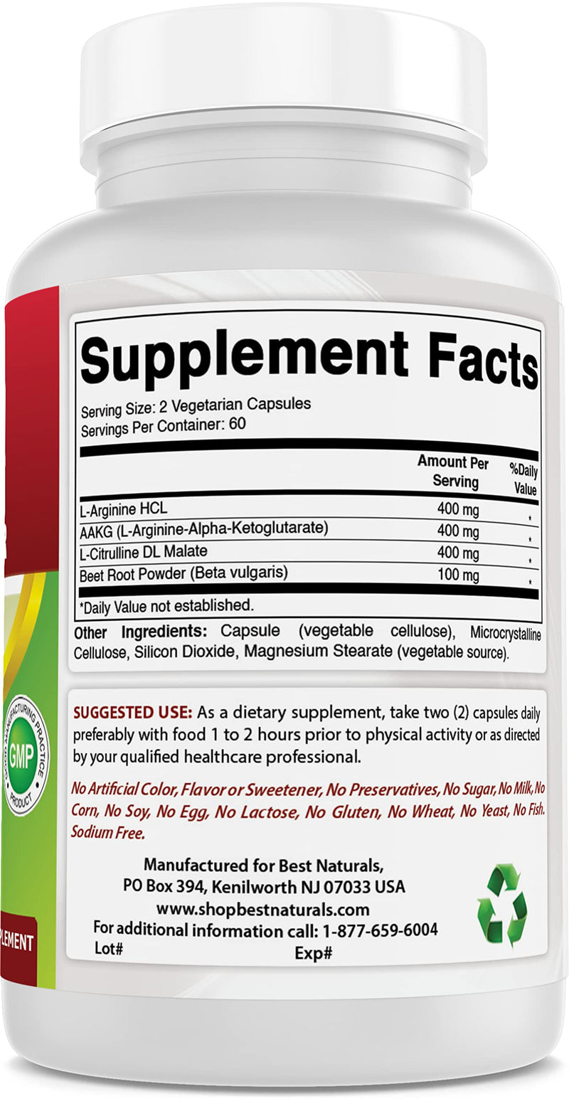 [Australia] - Best Naturals L-Arginine NO Booster Triple Strength 1300 mg Serving 120 Veg Capsules (120 Count (Pack of 1)) 120 Count (Pack of 1) 