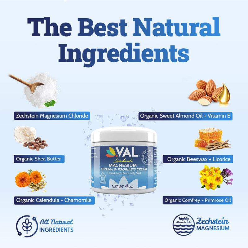 [Australia] - VAL Zechstein Magnesium Chloride Formula Eczema Psoriasis Anti Itch Cream Moisturizer for Dry Skin with Organic Oils Almond Oil Vitamin E Evening Primrose Oil Calendula Best Cream for Dry Skin 4oz 