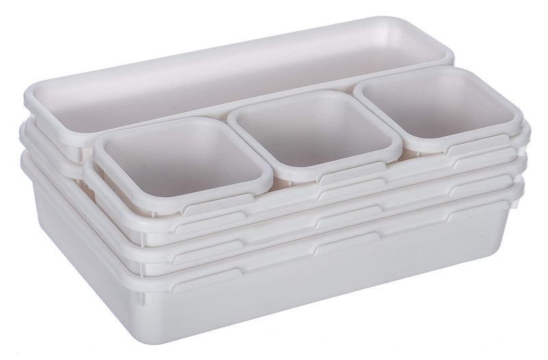 [Australia] - FiNeWaY 8pc Interlocking Drawer Organiser Plastic Storage Separator Tray Boxes Cutlery Compartment Kitchen Bedroom Bathroom Desk Office De-Clutter Tidy (White) White 