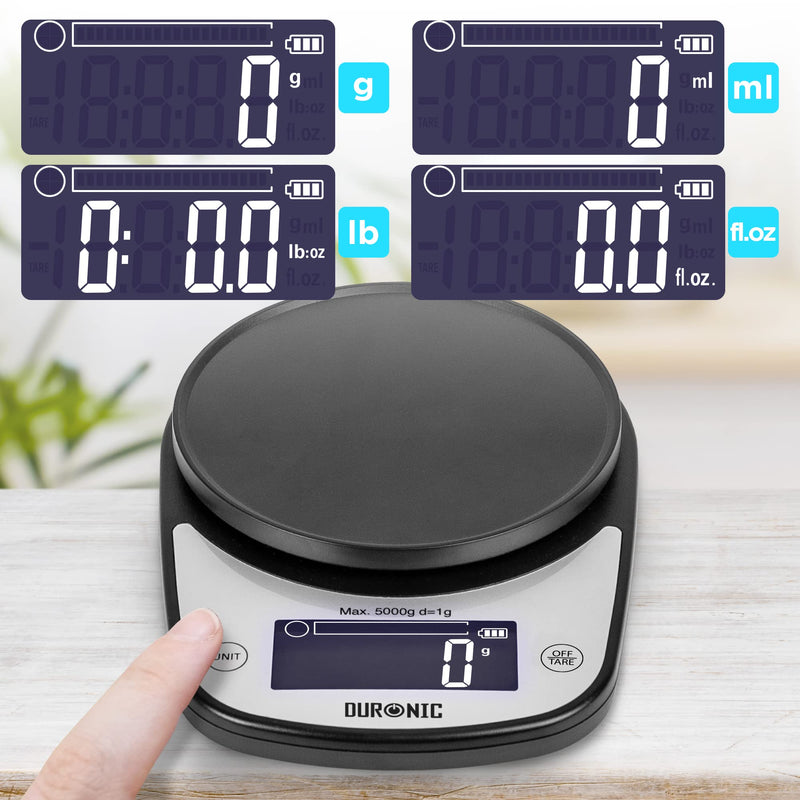 [Australia] - Duronic Kitchen Scales with Bowl for Baking KS5000BK/SS Digital Postal Parcel Weighing Scale 5KG Capacity Tare 1g Precision Stainless Steel 2.5L Bowl Black 