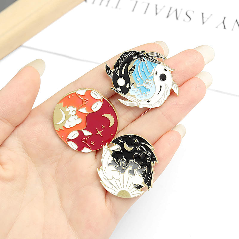 [Australia] - Cartoon Yin Yang Enamel Pins Sets -Cute Cat Brooch Pins for Women Men Lovely Hugging Circle Rabbits Fish Fox Dinosaur Lapel Pins Badges Accessories Gifts 