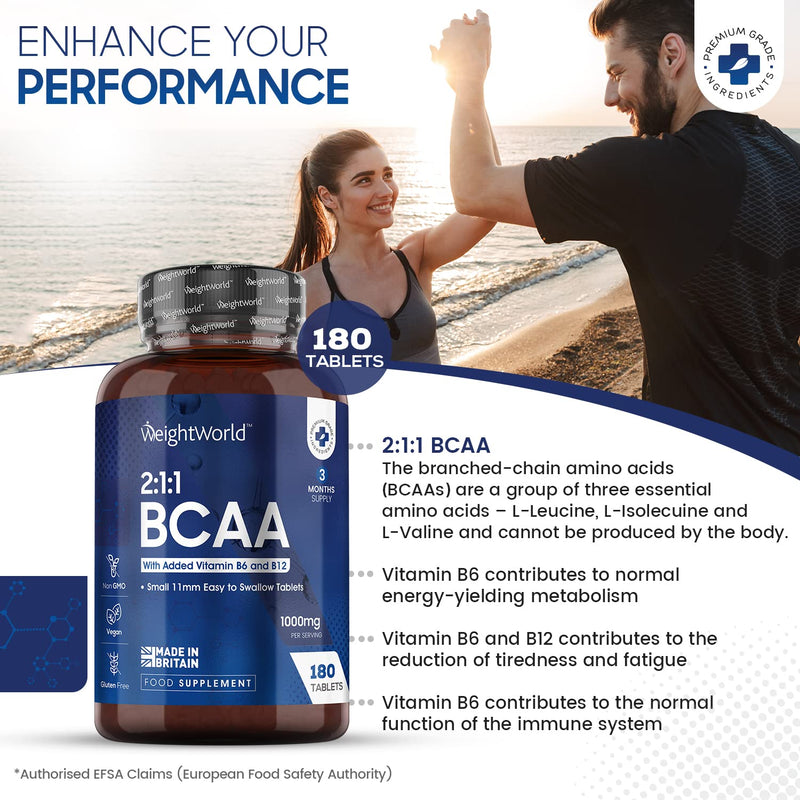 [Australia] - BCAA Tablets 1000mg - 180 Tablets (3 Months Supply) - 2:1:1 Branched Chain Amino Acid Supplement - Pre Workout Supplement for Men & Women - Vegan BCAA Supplement with Vitamins B6 & B12 - UK Made 