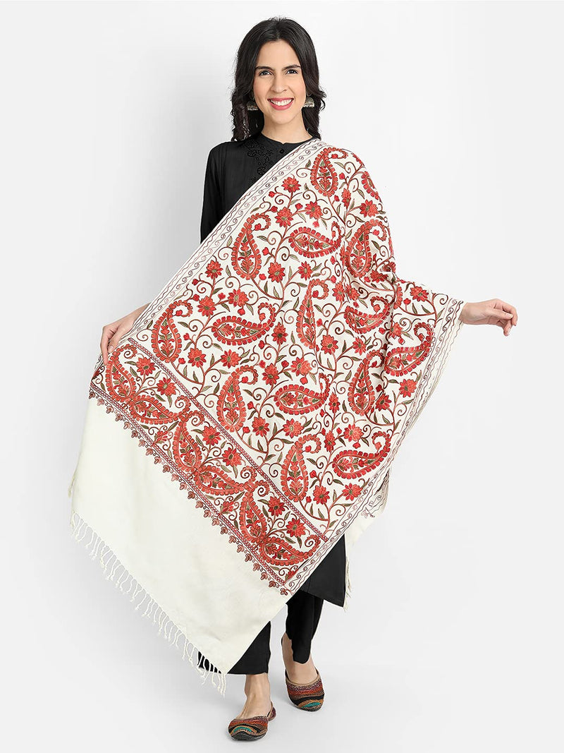 [Australia] - Kashmir Women Stole Shawl Scarf Wrap with Indian Embroidery Flower Creame 