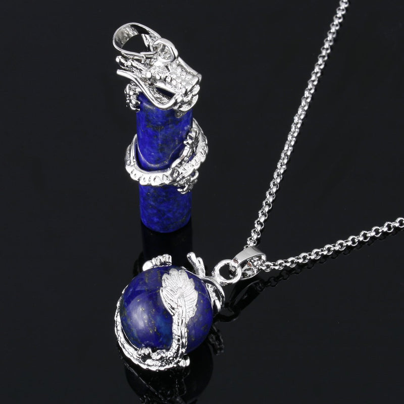 [Australia] - BEADNOVA 2pcs Dragon Wrapped Round Ball Cylinder Gemstone Necklace Crystal Healing Couple Pendant Necklaces Set 06) Synthetic Lapis Lazuli 