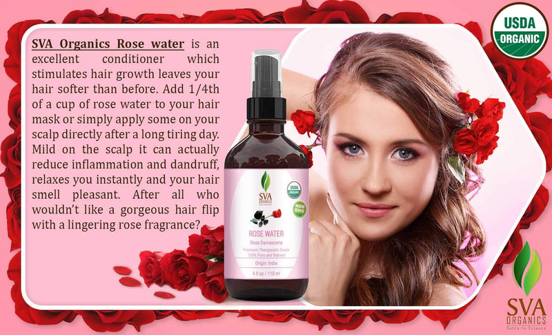 [Australia] - USDA Certified Organic Rose Water Facial Toner (118 ml) 4 Oz - 100% Pure Natural, Unrefined by SVA Organics | Aromatherapy Reduce Dark Circles, Pores, Wrinkle, Moisturizer, Skin Care 