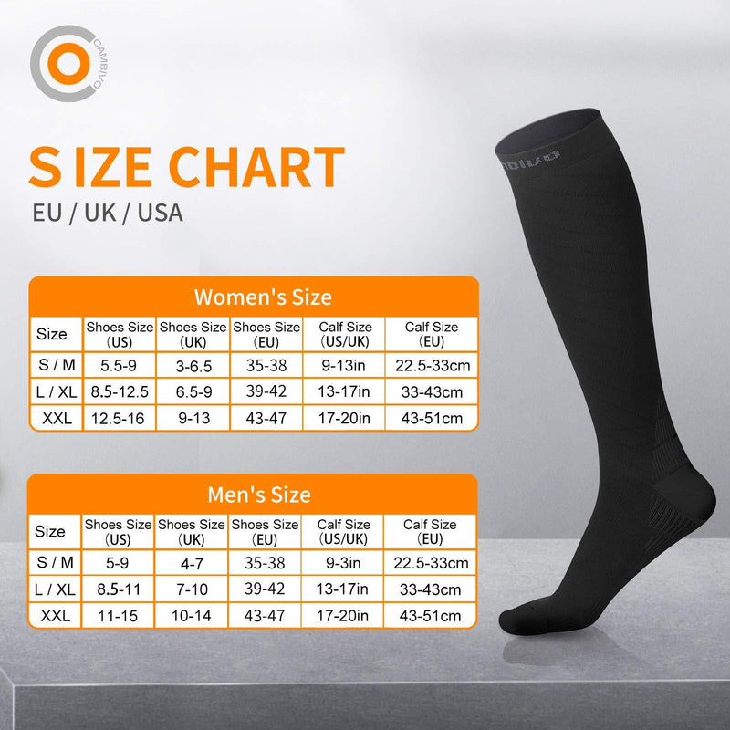 [Australia] - CAMBIVO Compression Socks for Women & Men (2 Pairs), Unisex Socks for Running, Flight, Sports, Travel L-XL Black 