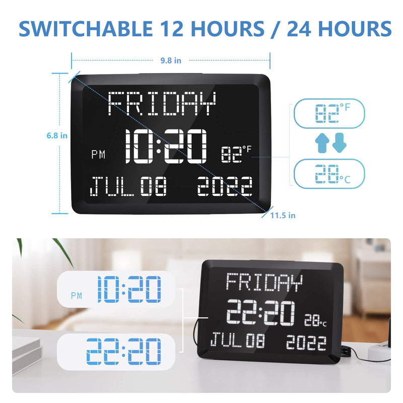 [Australia] - Digital Clock, Raynic 11.5" Large LED Word Display Dimmable Digital Wall Clock,Adjustable Brightness Digital Alarm Clock with Day and Date,Indoor Temperature,Snooze,12/24H,DSTfor Home, Office,Elderly 