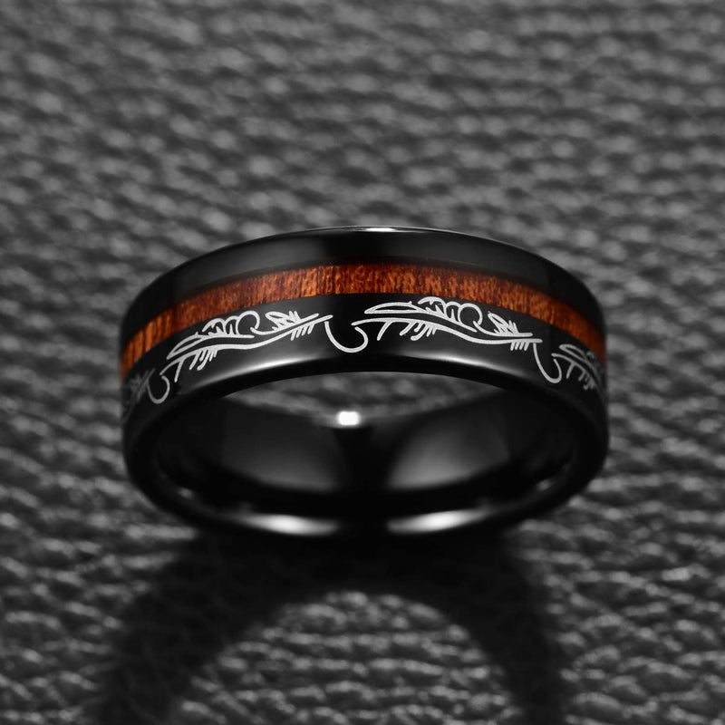 [Australia] - MEILING LINGMEI 8mm Men's Black Tungsten Carbide Wedding Band Koa Wood Inlay Flower Pattern Design Engagement Ring Comfort Size 7-12 