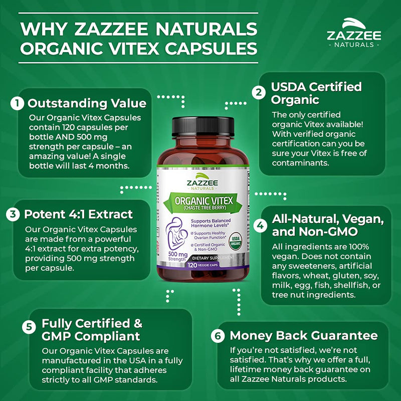 [Australia] - Zazzee USDA Organic Vitex, 500 mg Strength, 120 Vegan Capsules, USDA Certified Organic, Potent 4:1 Extract, Made from Whole Organic Chaste Berry, Vegan, All-Natural and Non-GMO 