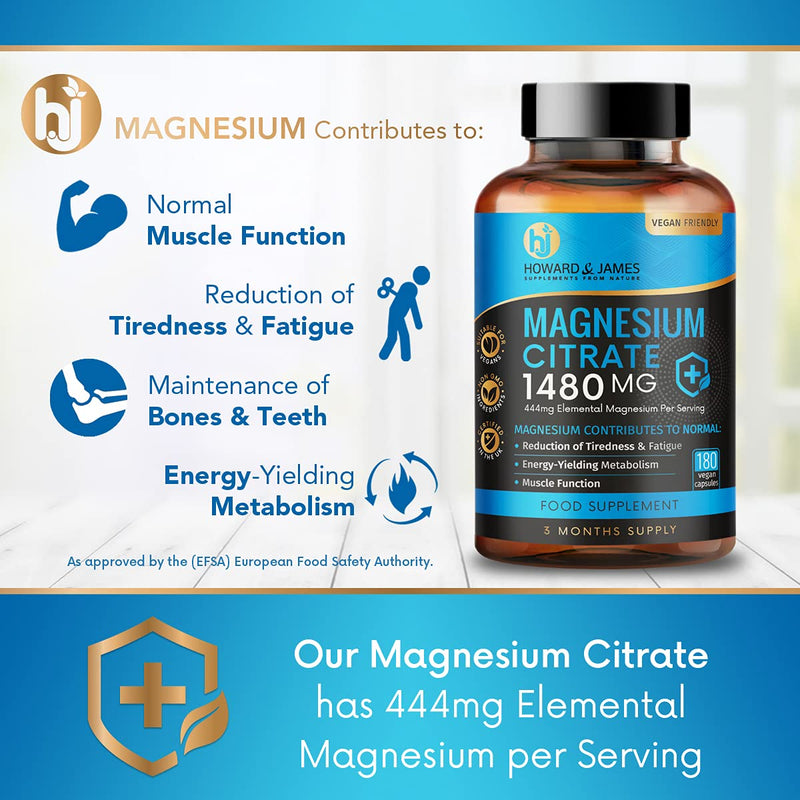 [Australia] - Magnesium Citrate 1480mg - 180 Vegan Capsules not Magnesium Tablets - Providing 444mg Elemental Magnesium - 3 Month Supply - High Strength Magnesium Supplements - Made in The UK by Howard & James 
