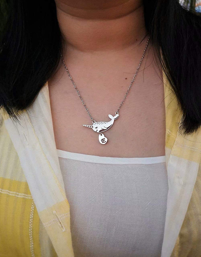 [Australia] - YOUCANDOIT2 Heart Shaped Initial Letter Cute Narwhal Happy Sea Ocean Unicorn Necklace 18 Inch R stainless-steel 