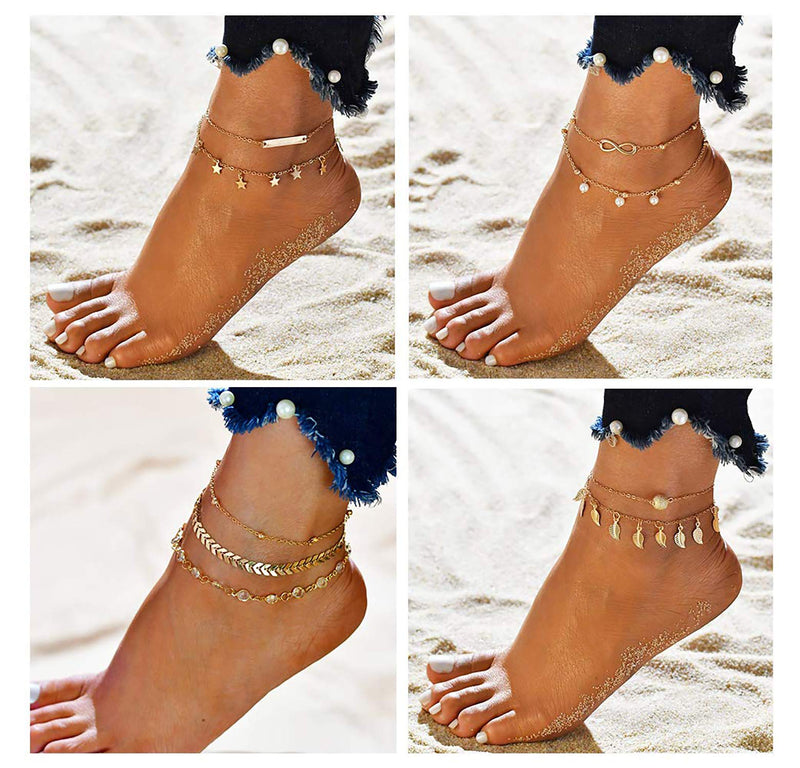 [Australia] - KOHOTA 20Pcs Ankle Bracelets for Women Silver Gold Anklet Set Boho Anklets Bracelets Layered Adjustable Chain Beach Barefoot Foot Jewelry Gold color 