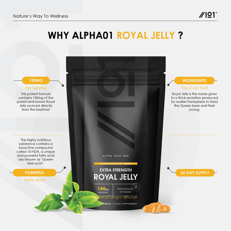 [Australia] - Raw Royal Jelly 9,000mg per Bag – Extra Strength 150mg per Softgel - Naturally Produced by Bees – Rich Source of Protein & Vitamins with 10-HDA, Non-GMO, Halal – 60 Softgels 