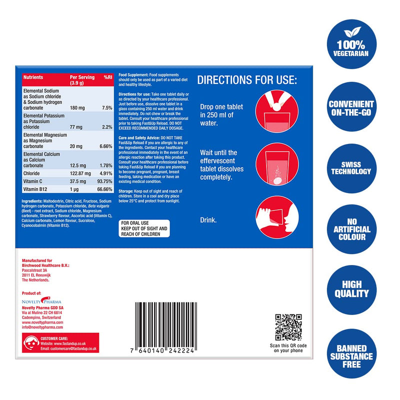 [Australia] - Fast&Up Reload – Instant Hydration and Electrolytes Replenishment - Saver Multipack - 80 Effervescent Tablets (4 x 20) - Strawberry 20 Count (Pack of 4) 
