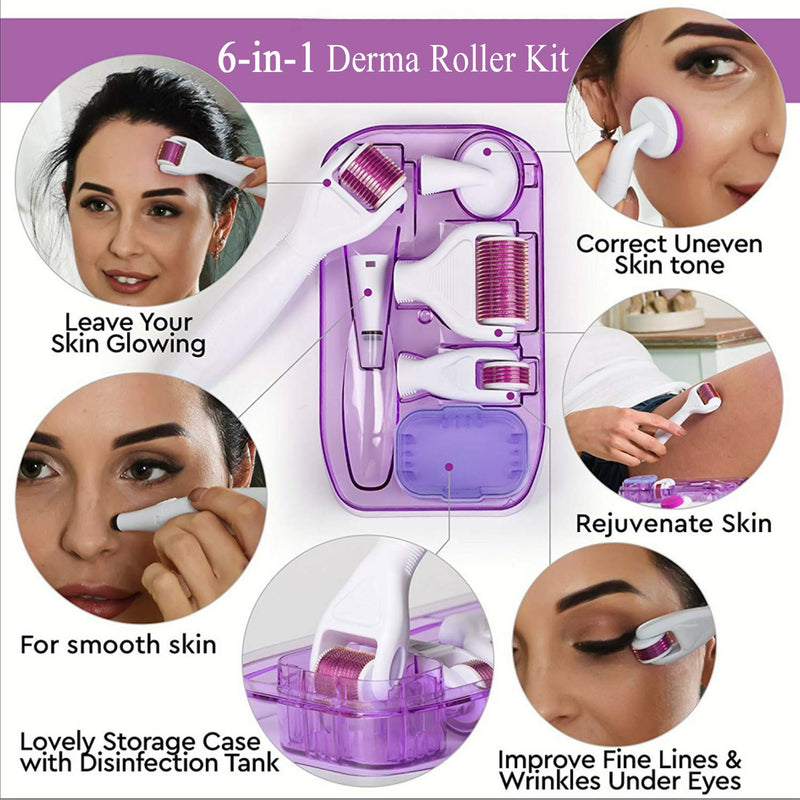 [Australia] - 6 in 1 Derma Roller Kit for Face and Body - 0.25mm and 0.3mm Micro Needle Dermaroller with 5 Replaceable Heads, Storage Case and Disinfection Tank 