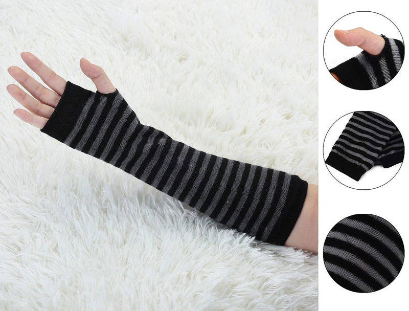 [Australia] - sourcingmap Women Stripe Print Knitted Fingerless Elbow Length Gloves Warmers Pair Black Gray 