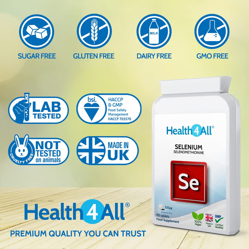 [Australia] - Selenium 220mcg 90 Tablets Tablets (not Capsules). High Strength Selenomethionine. Free from Yeast. Vegan. Made in The UK by Health4All 90 Count (Pack of 1) 