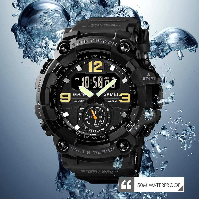 [Australia] - Men Digital Sports Watch, Dual Time Display LED Military Wrist Watch, Shockproof Large Dial Men Wristwatches Outdoor Waterproof Alarm Watches Black 