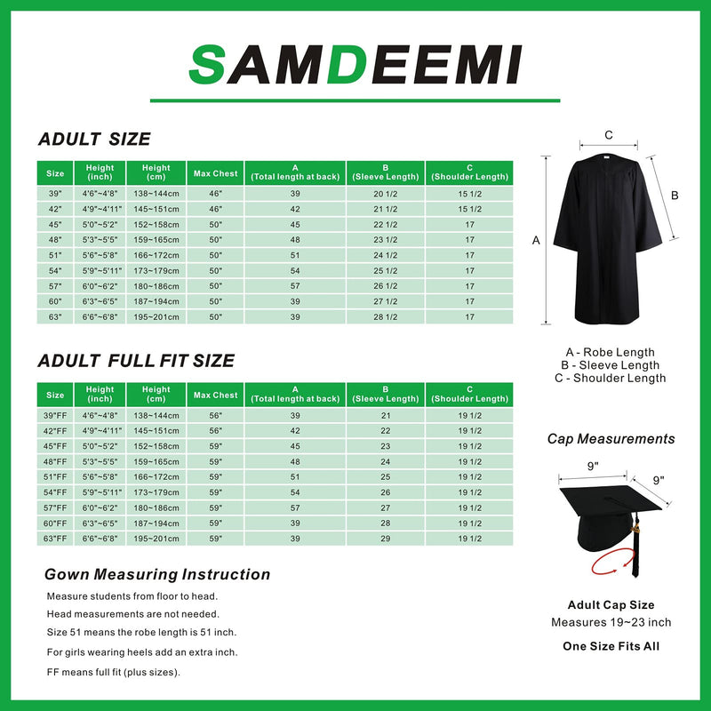 [Australia] - SAMDEEMI Unisex Adult Matte Graduation Gown Cap Tassel Set 2021 for High School and Bachelor 4 Colors Black 39 