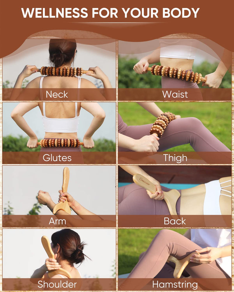 [Australia] - 2-in-1 Wooden Therapy Massage Tools Set Wood Maderoterapia Kit or Lymphatic Drainage Massage Roller Kits for Muscle Relaxation, Body Shaping, Gua Sha Massage, Anti Cellulite, Beech 