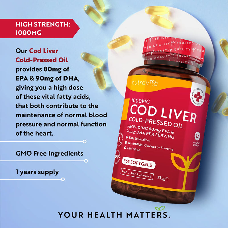 [Australia] - Cod Liver Oil 1000mg - 365 Softgels of Premium Cold Pressed Fish Oil - Rich in High Strength Omega 3, Vitamins A, D, E & Garlic Oil - Supports Heart & Brain Health - Made in The UK by Nutravita 