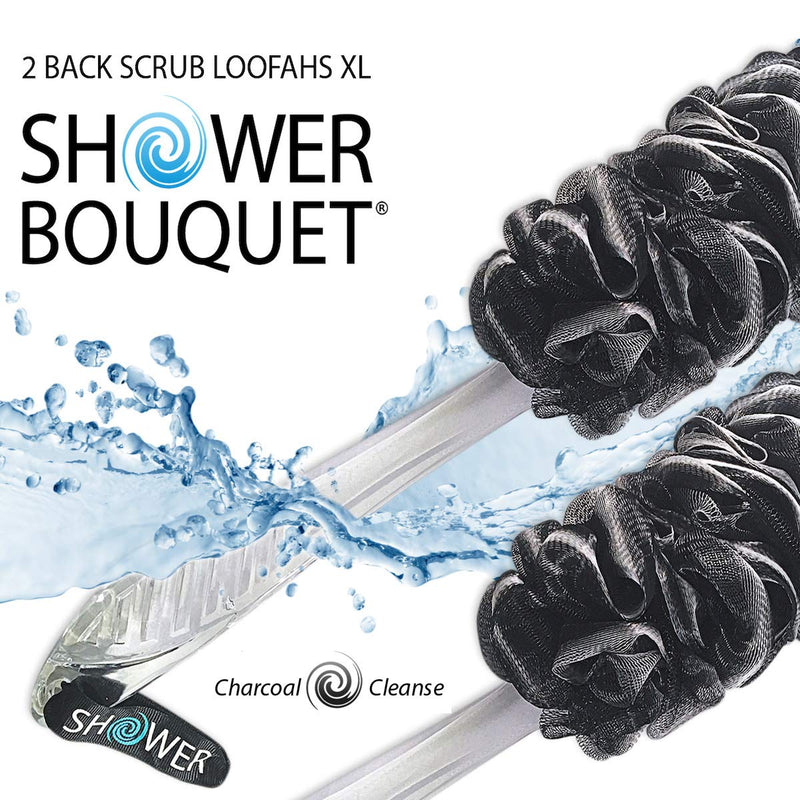 [Australia] - Loofah-Charcoal Back-Scrubbers 2-Pack-by-Shower-Bouquet: Long-Handle Bath-Sponge-Brushes with Extra Large Soft Mesh for Men & Women - Exfoliate with Full Pure Cleanse in Bathing Accessories 