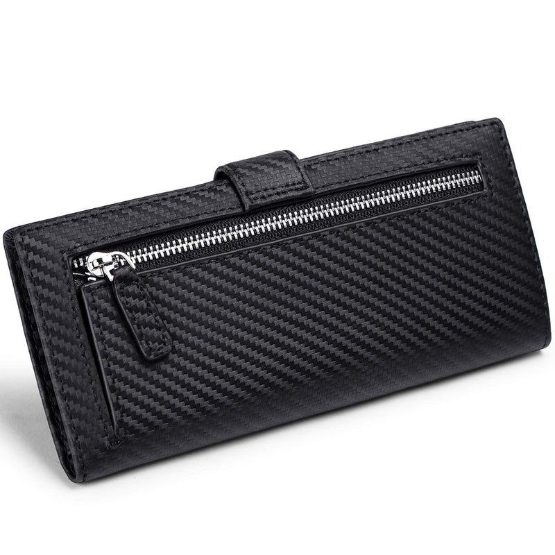 [Australia] - Huztencor Women's Big Fat RFID Blocking Real Leather Wallet Clutch Organizer Checkbook Holder Carbon Fiber Black 