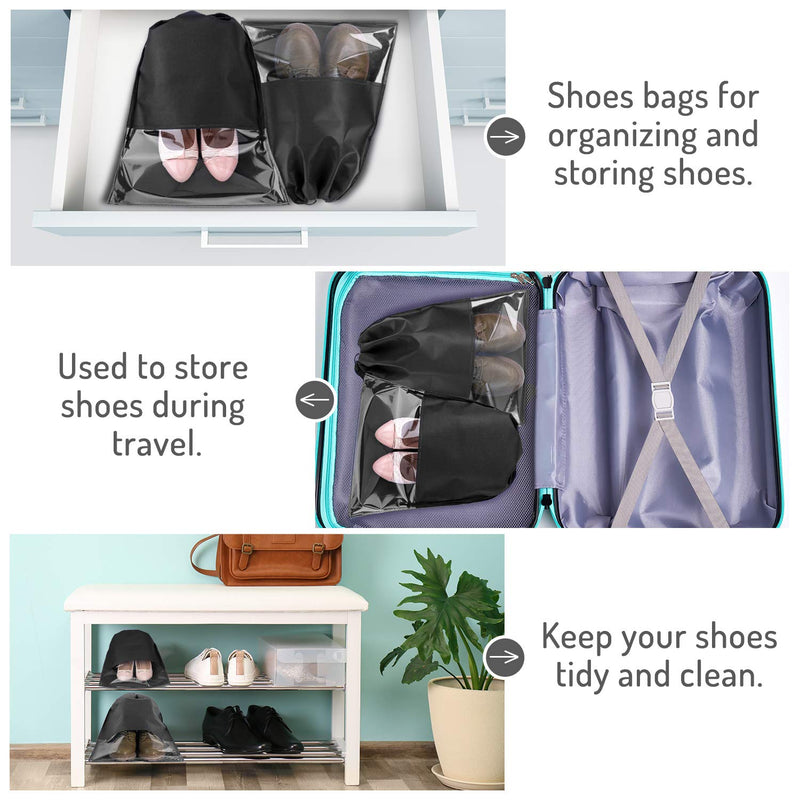 [Australia] - Whaline Travel Shoe Bag, 15 Pieces Large Non-Woven Drawstring Shoes Storage Bags with Transparent Slot for Women and Men Black 