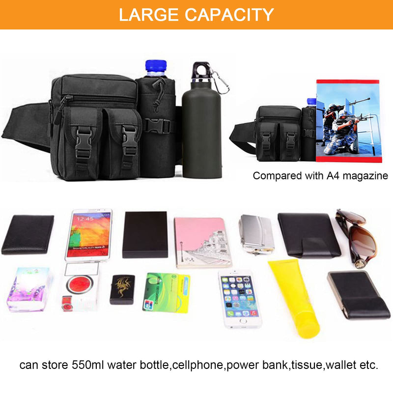 [Australia] - HUNTVP Tactical Waist Pack Bag with Water Bottle Pouch Molle Fanny Bag Bumbag Waist Bag for Dog Walking Running Hiking Travel Outdoors Black 