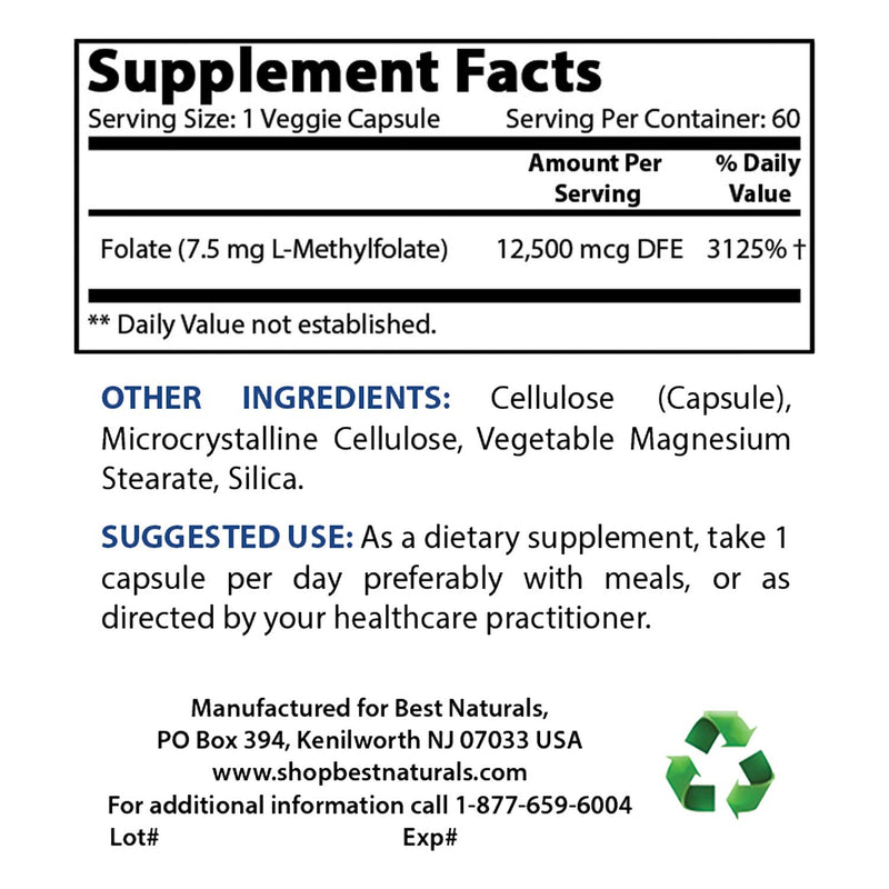 [Australia] - Best Naturals Methyl Folate 7500 mcg (7.5mg) (Most Bio-Available) Veggie Capsule - Supports Cell Formation Growth Function, Brain, Memory, Cardiovascular Health, 60 Count 
