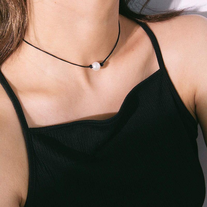 [Australia] - Strain Single Pearl Choker Necklace for Women Girls Summer Beach Black Leather Shell Necklace Set, 3Pcs 3 Pack Choker Necklace-Style 1 