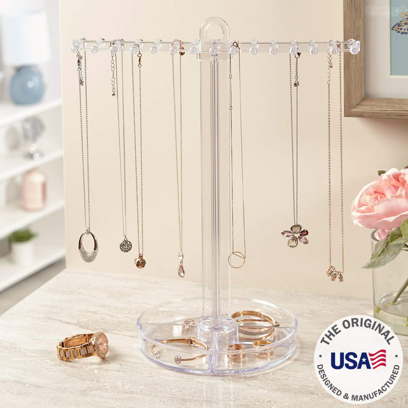 [Australia] - Clear Plastic Necklace Holder with 30 Individual Pegs and Divided Jewelry Tray 