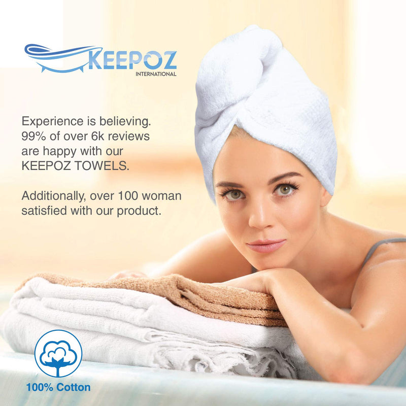 [Australia] - KEEPOZ Hair Towel Wrap Quick Dry 100% Cotton Super Absorbent Turban Head Wrap for Women with Button, Anti Frizz Hair Products, Hair Cap for Curly, Long & Thick Hair (1Pc)(White) White 