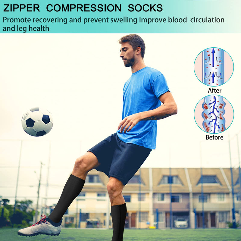[Australia] - 2 Pairs Zipper Compression Socks Women and Men, Closed Toe Compression Stocking, 15-20 mmHg Knee high compression socks for Edema, Varicose Veins, Swollen Sore Black X-Large 