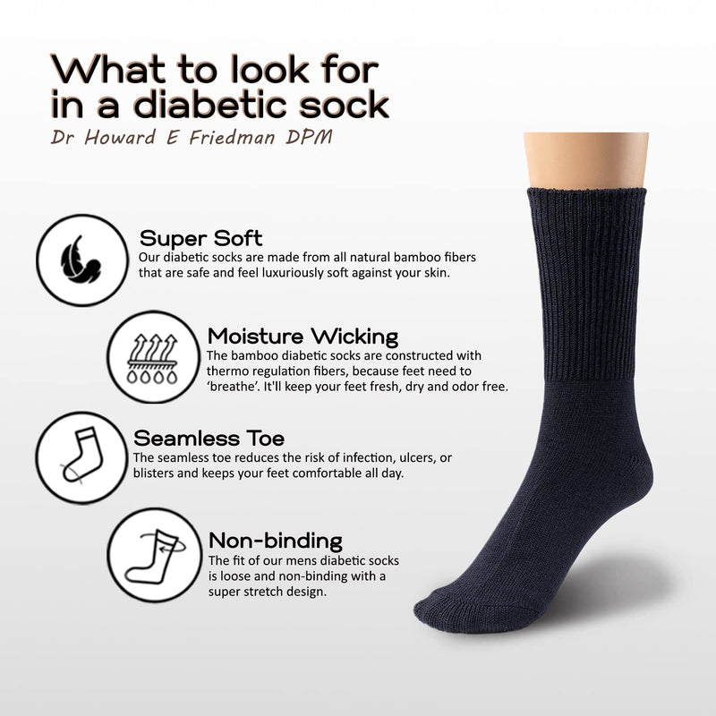 [Australia] - Silky Toes 3 or 6 Pack Men’s Bamboo Diabetic Seamless Soft Non-Binding Crew Socks, Also Available In Plus Sizes 10-13 Navy- 3 Pairs 