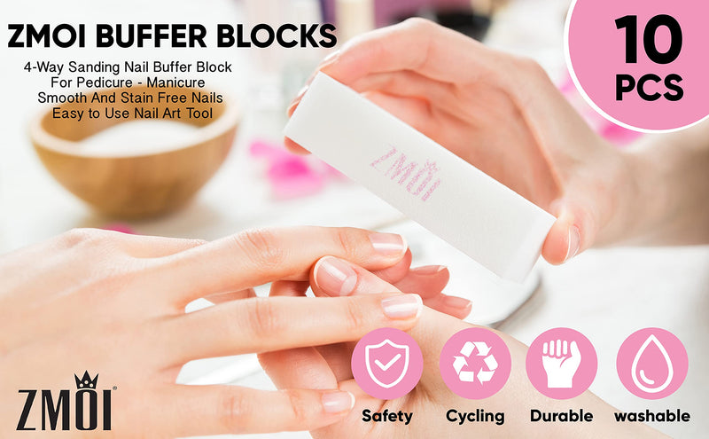 [Australia] - ZMOI 10 PCS Natural and Acrylic Buffer Blocks – Pedicure-Manicure Medium Grit 4-Way Professional Nail Buffer – Easy to Use Nail Art Tips Tool – Lightweight and Durable (Pink/White) Pink/White 