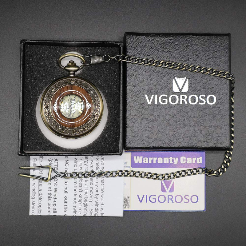 [Australia] - VIGOROSO Men's Hand-Wind Mechanical Pocket Watch Vintage Steampunk Wood Grain Hollow Design with Chain and Box 