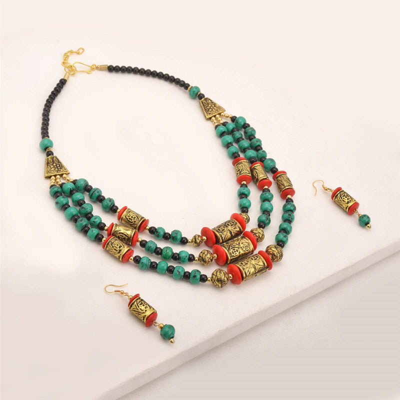 [Australia] - Zephyrr Tibetan Jewelry Beaded Multi Strand Mosaic Necklace Earring Set Statement Women Jewelry 