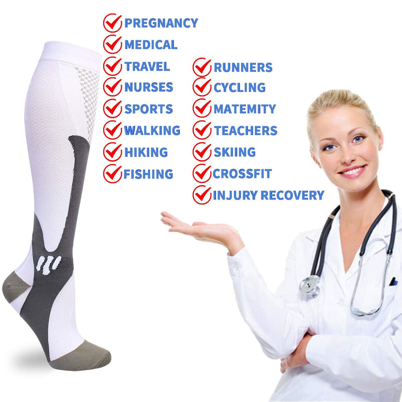 [Australia] - 6 Pairs Compression Socks for Men Women 20-30mmhg Knee High Medical Support for Sports Nurses Circulation Flight Athletic White Blue Black X-Large-XX-Large 