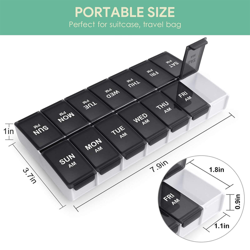 [Australia] - Amazon Brand – Eono Pill Organiser AM PM - Weekly 7 Day Pill Box Case with 14 Compartments for Morning Evening BPA Free Pill Case - Black 